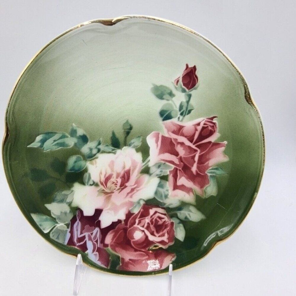K & G Luneville France Charger Plate Hanging Wall Green Floral Roses Gold Trim